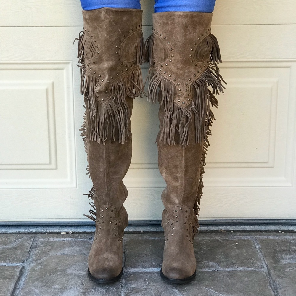 NIB Boho Chic Fringe Studs Over The Knee Boots - Picture 3 of 7
